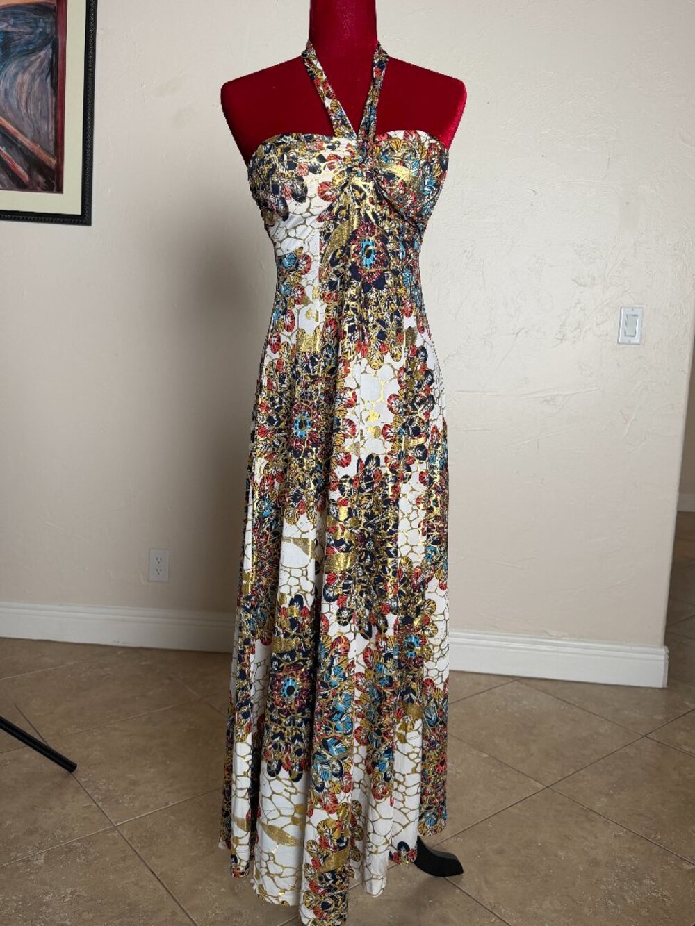 INDI A Boutique Metallic Gold Multicolor Halter Maxi Dress – Size S